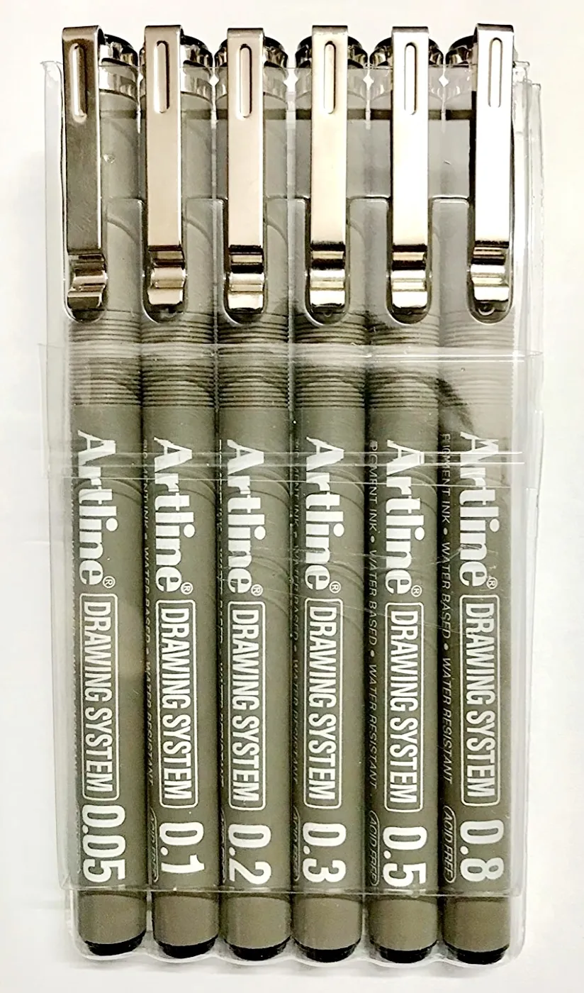 Artline Drawing System Artistic Technical Pens Assorted Set of 6 - (0.05, 0.1, 0.2, 0.3, 0.5, 0.8) Points Pen